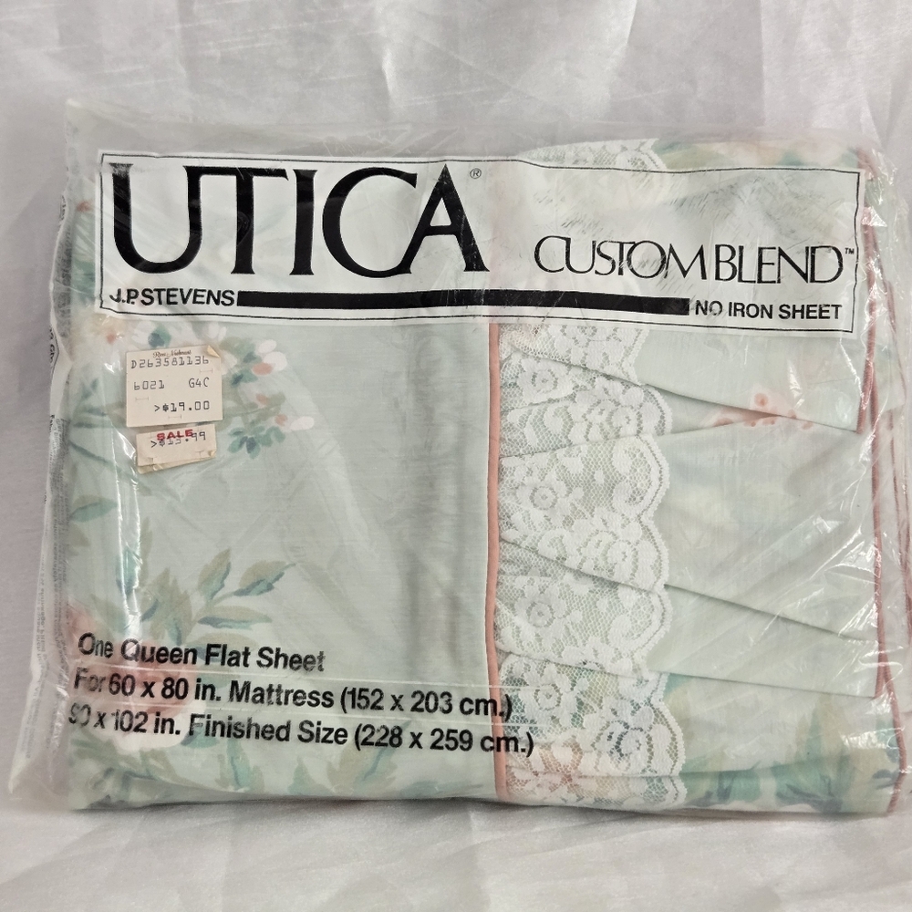 Vintage Utica Queen Floral Flat Sheet With Lace New Old Stock USA MADE